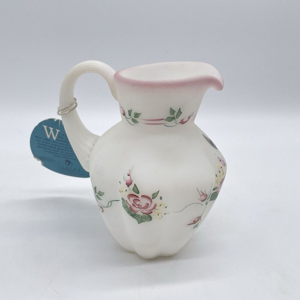 Fenton 6” Satin Glass Pitcher Hand Painted Floral Artist Signed w/ Tag